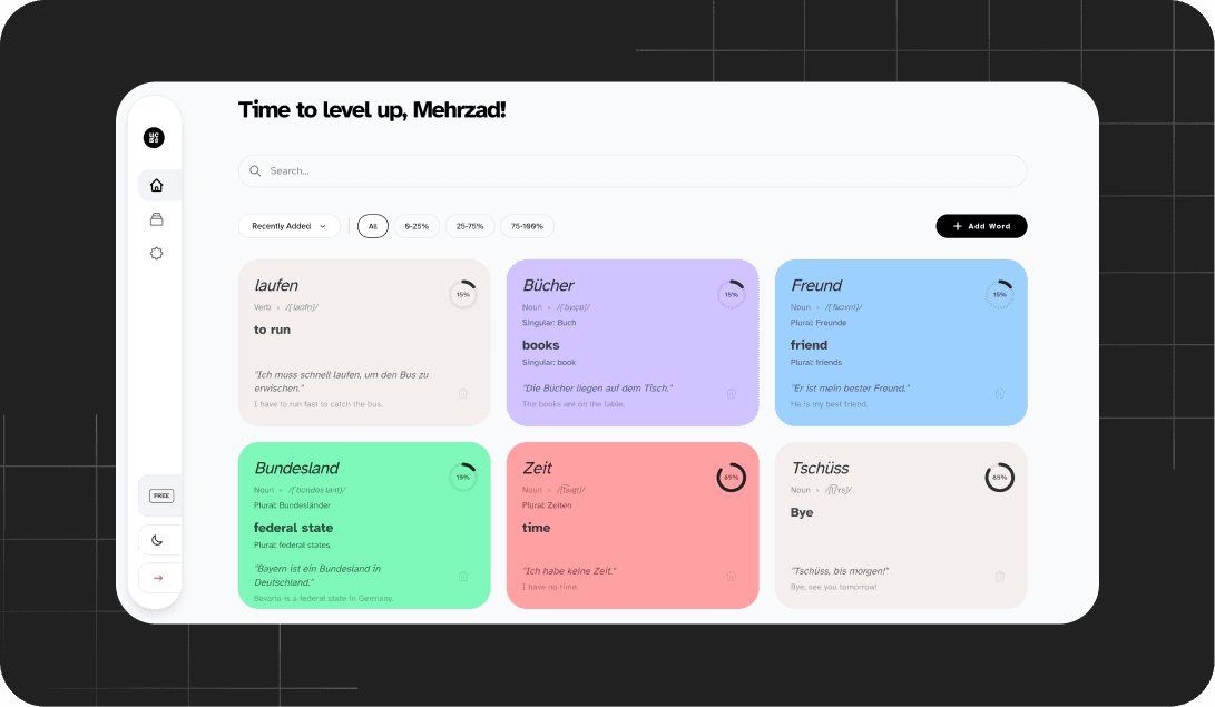 Desktop dashboard with word cards